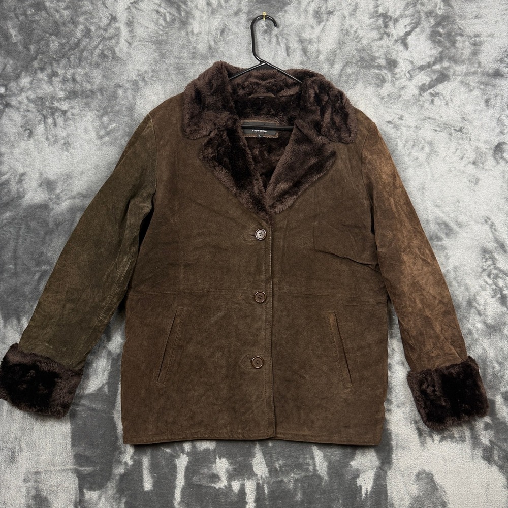 Beyond Sport Suede Leather Coat Womens Large Brown Faux Fur Trimmed Jacket